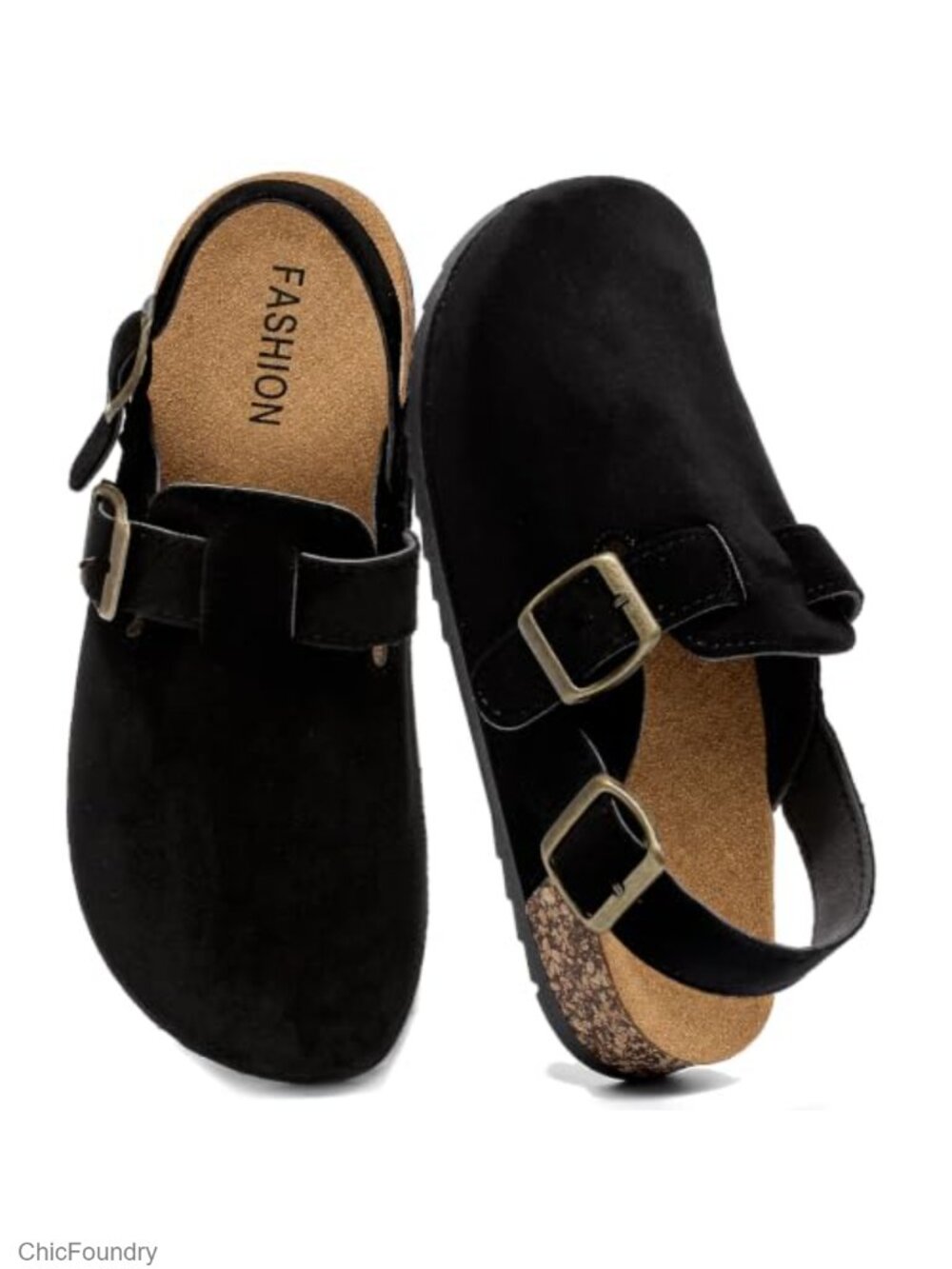 Suede Clogs with Back Strap Cork Footbed Leather Mules Adjustable Buckle